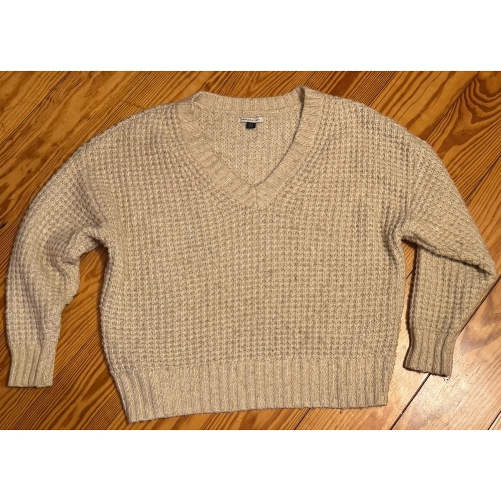 American Eagle Open Knit Creamy Off-White Beige Sweater‎ Womens Small  V-Neck